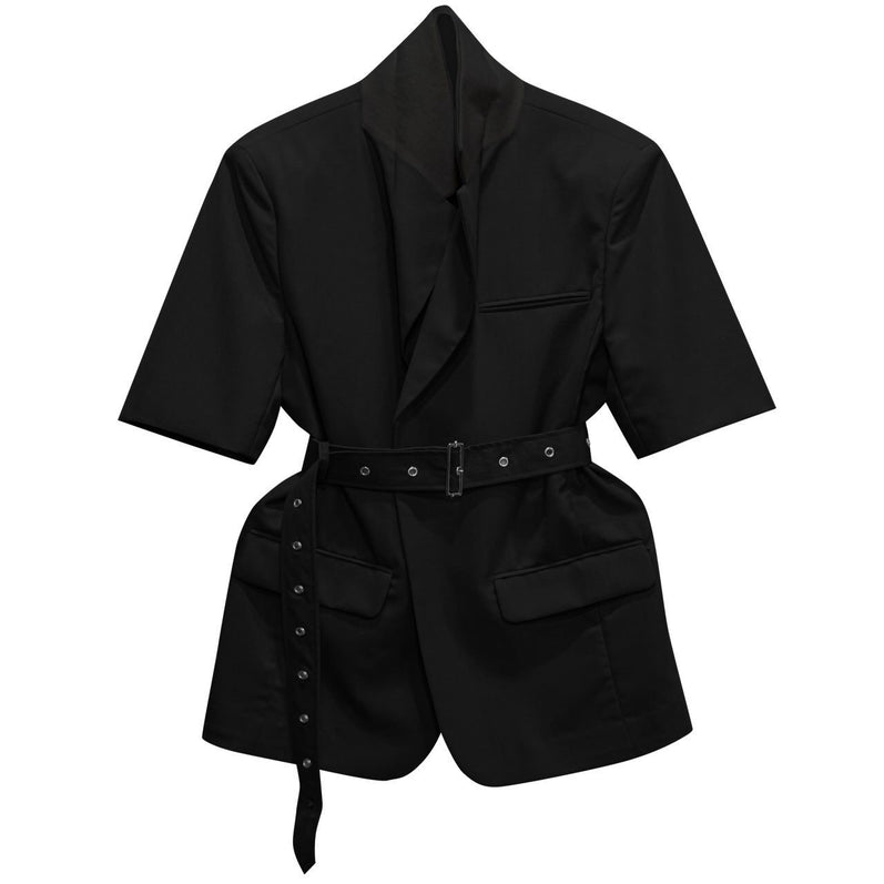 Short-Sleeved Belted Blazer【Black, White】